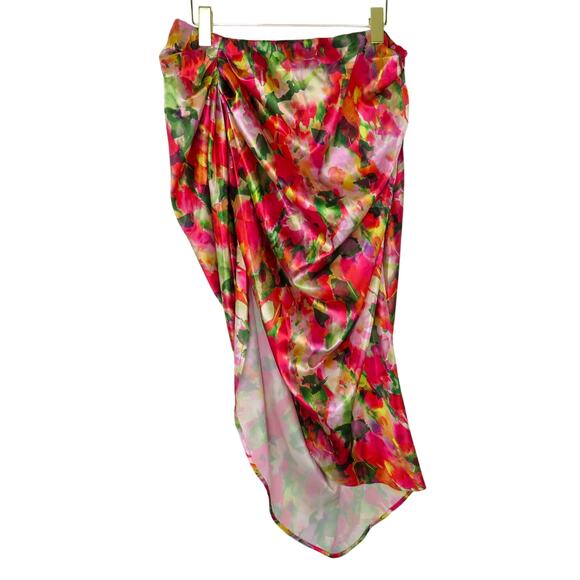 Shein Multicolor Vibrant Tropical Floral Long Skirt Rouched Sides Large - Picture 3 of 5